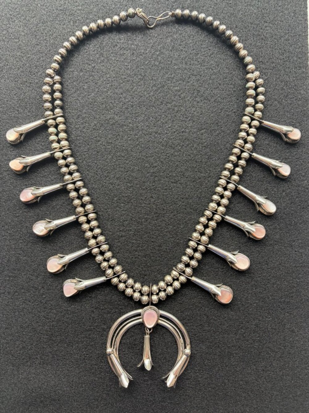 Vintage Navajo Sterling Silver and Mother of Pearl 21" Squash Blossom Necklace